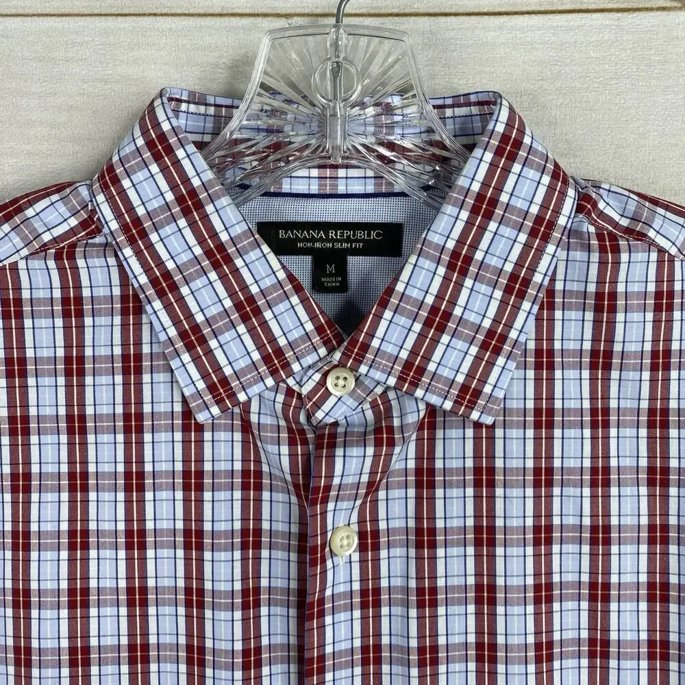 Banana Republic Mens Shirt Sz M Non Iron Slim Fit Red Blue Plaid Button Down